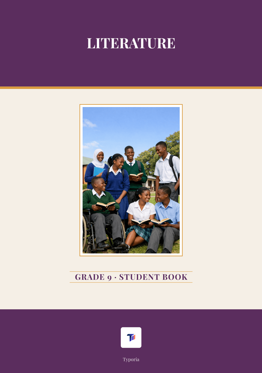 A school literature book cover on a plum ground