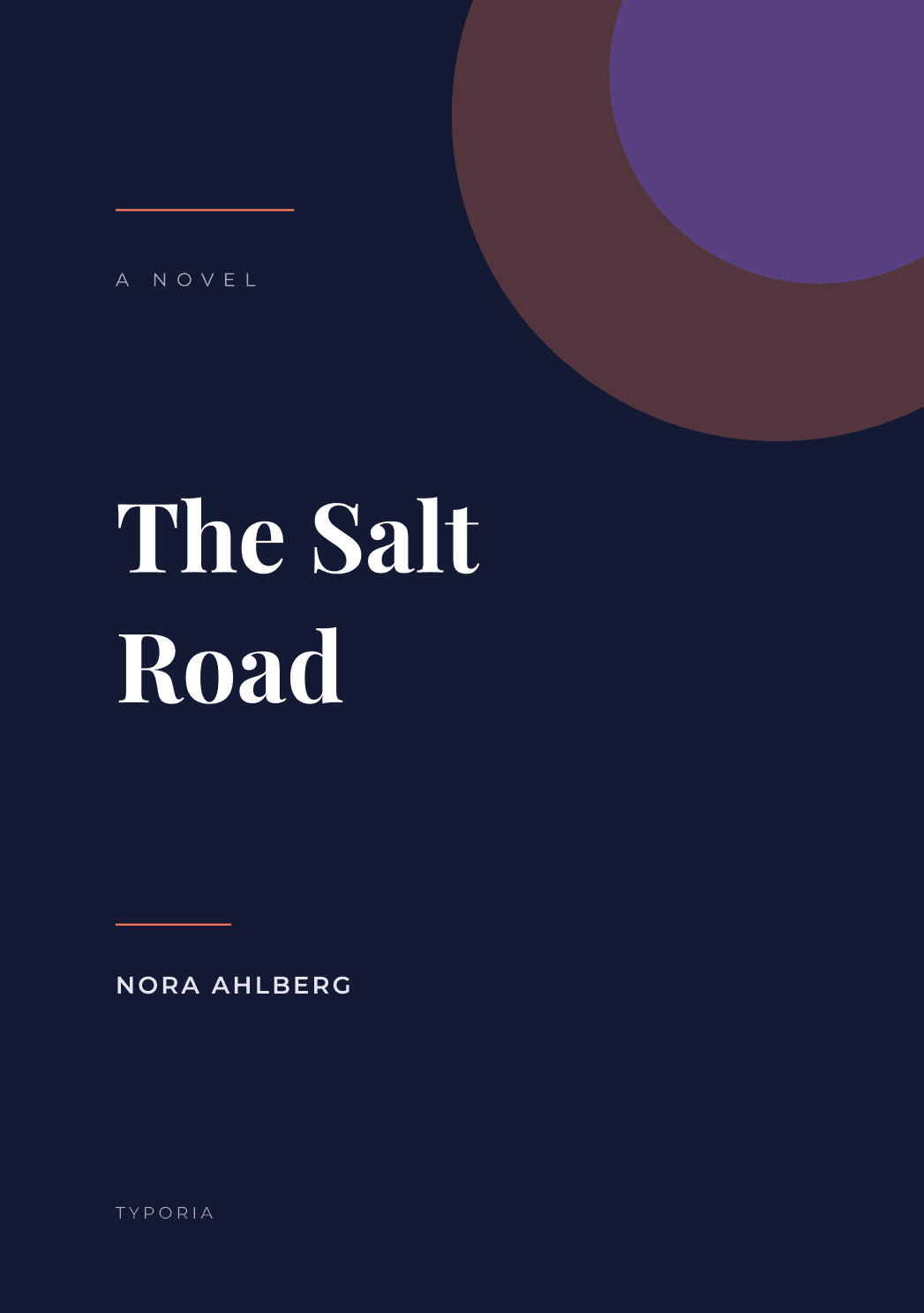 A novel cover, deep navy with a coral arc and a large serif title