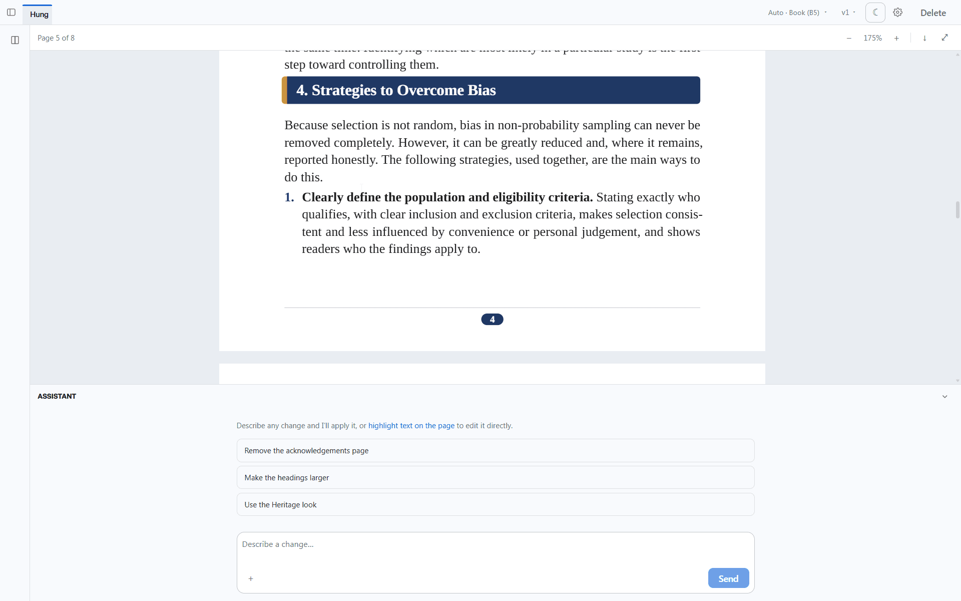The Typoria workspace: a typeset page in the centre, the document's design and version controls along the top, and the assistant docked below with suggested instructions